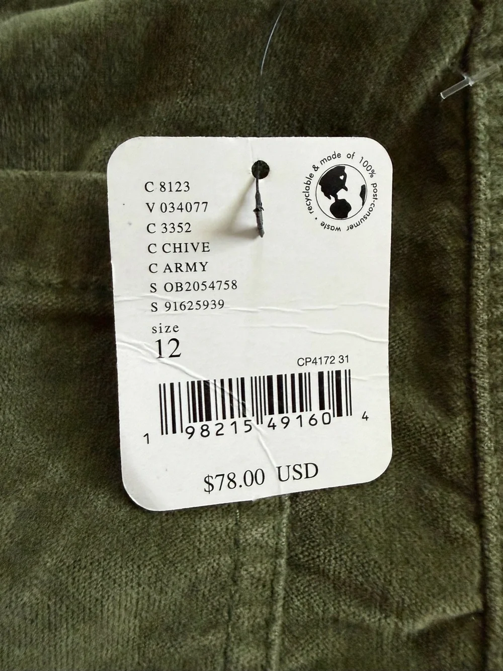 FREE PEOPLE High Time Velvet Kick Flare Pants Chive Green Size 12 NWT